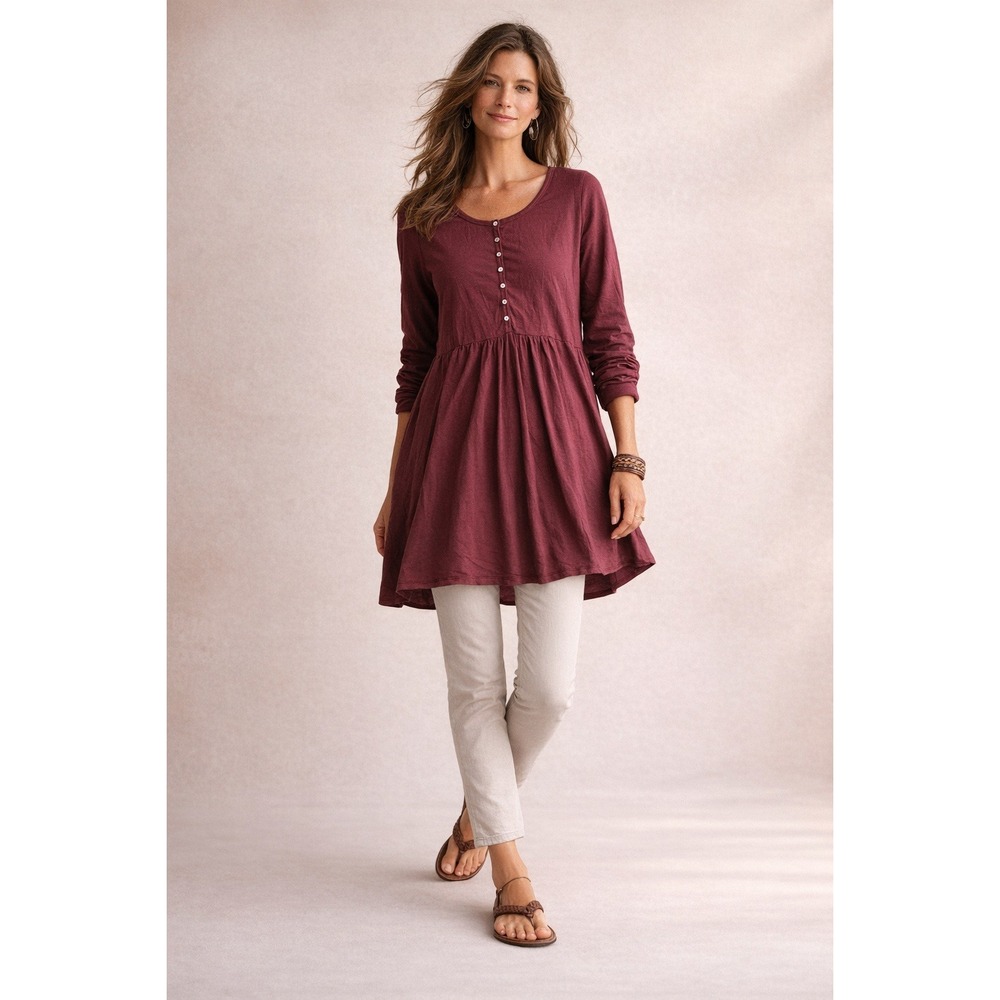 Peruvian Connection Women's Burgundy Pima Cotton Modal Button Tunic Top- M